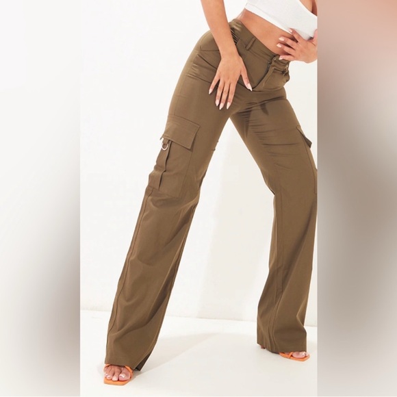 PrettyLittleThing Pants - PLT Shape Khaki Green Cargo Wide Leg Pants Size 14